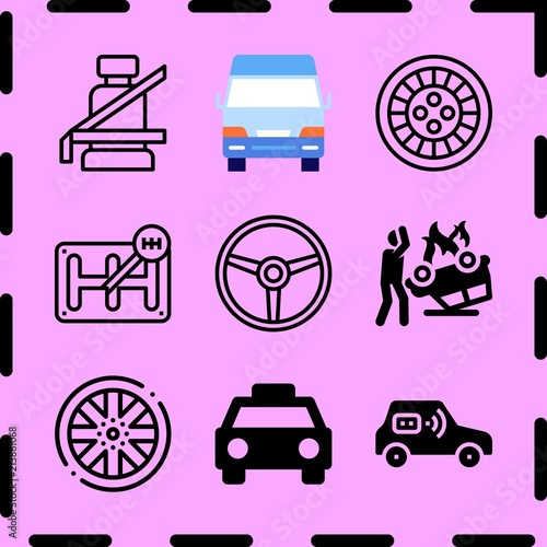 Simple 9 icon set of car related car, seat belt, alloy wheel and gear shift vector icons. Collection Illustration