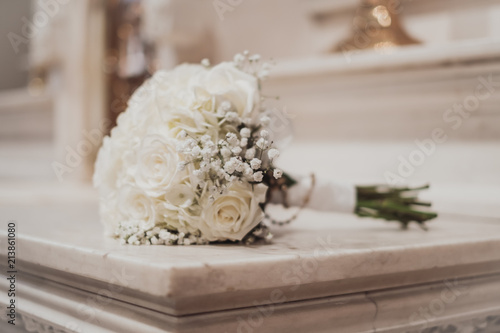 wedding bouquet of roses in the church