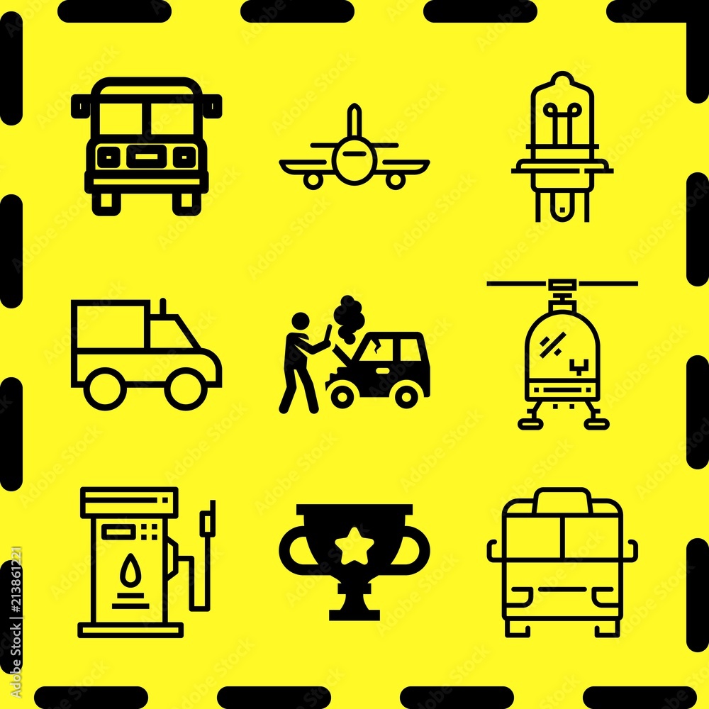 Simple 9 icon set of business related fuel, bus, helicopter and minibus vector icons. Collection Illustration Simple 9 icon set of business related fuel, bus, helicopter and minibus vector icons. Collection Illustration