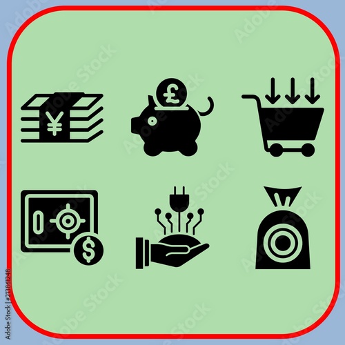 Simple 6 icon set of business related shopping cart, safebox, power and money bag vector icons. Collection Illustration