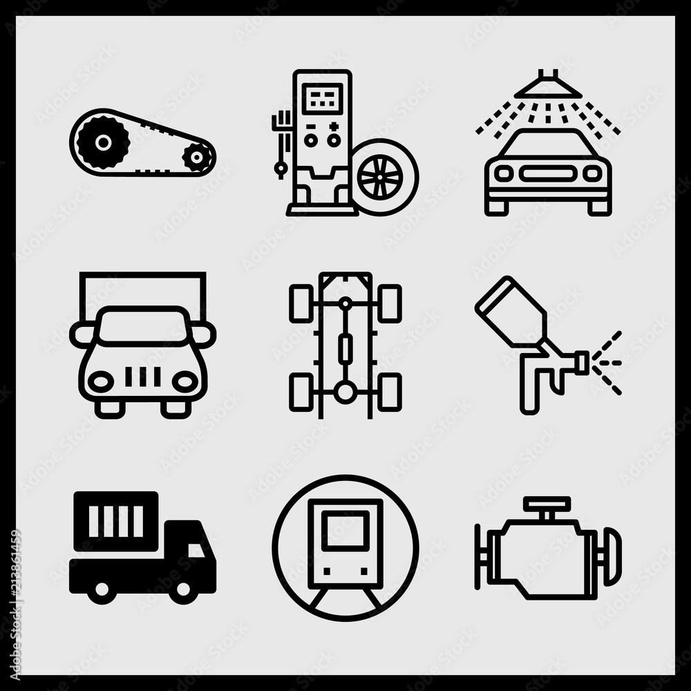 Simple 9 icon set of car related chassis, car wash, delivery truck and tire vector icons. Collection Illustration Simple 9 icon set of car related chassis, car wash, delivery truck and tire vector icons. Collection Illustration