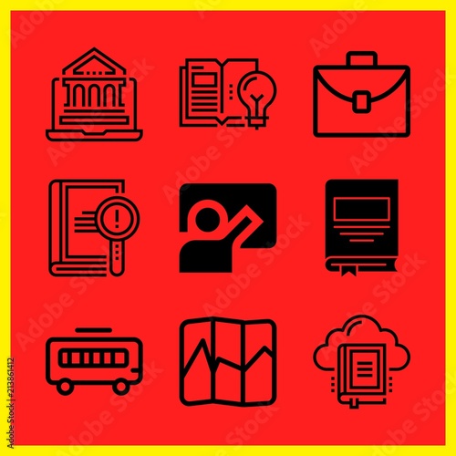 Simple 9 icon set of edication related blackboard, case, book and school bus vector icons. Collection Illustration