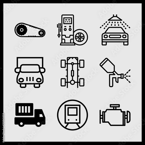 Simple 9 icon set of car related chassis, car wash, delivery truck and tire vector icons. Collection Illustration