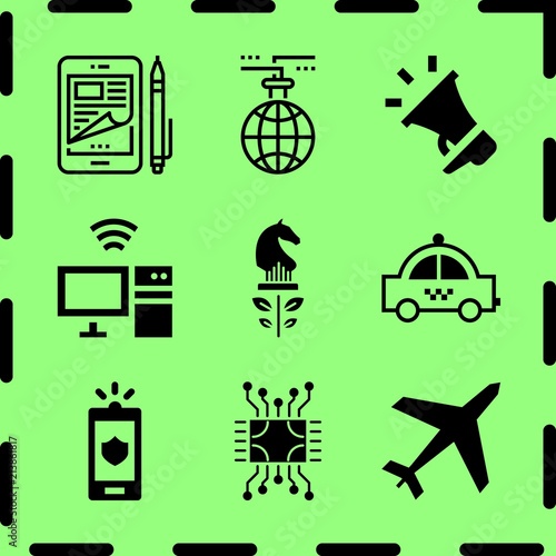 Simple 9 icon set of network related strategy, taxi facing left, computer and marketing vector icons. Collection Illustration