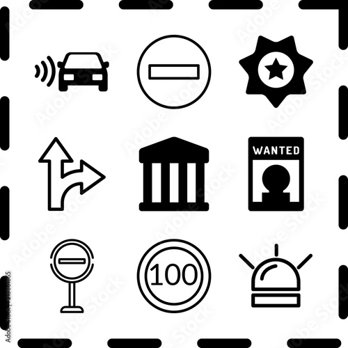 Simple 9 icon set of law related wanted, stop, prohibition and police badge vector icons. Collection Illustration