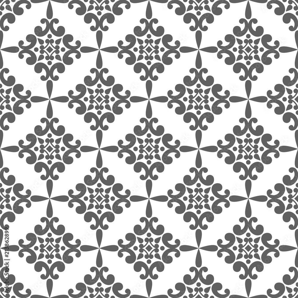 Ornate abstract seamless vector pattern. Gray on white background