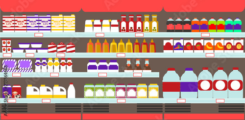 Supermarket, Grocery store shelves with products and drinks. Vector Illustration