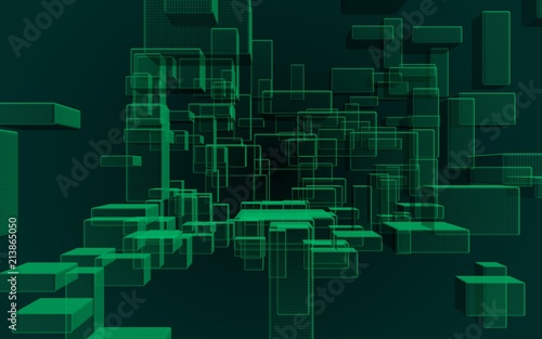 Green and dark abstract digital and technology background. The pattern with repeating rectangles. 3D illustration