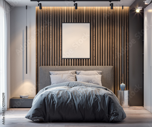 Mock up poster frame in bedroom interior background in modern style, 3D Rendering