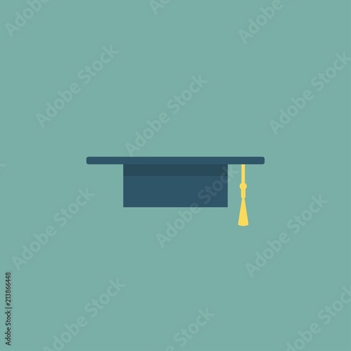 Graduation cap or mortar board icon with yellow tassel. Flat illustration isolated on turquoise background.
