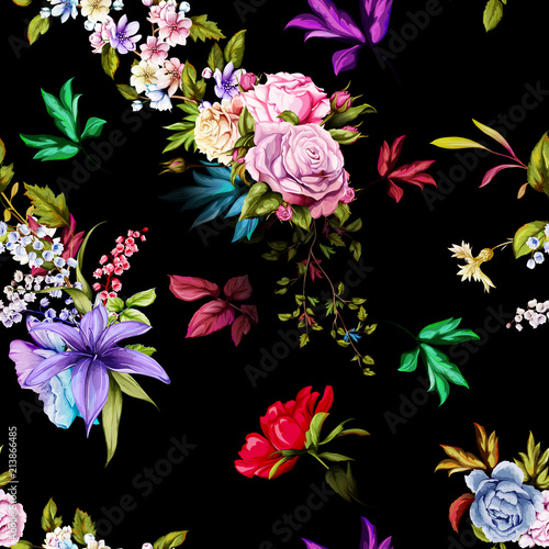 Seamless floral background pattern. Abstract wallpaper. Roses  lily of the valley with leaves on black. Watercolor  hand drawn.