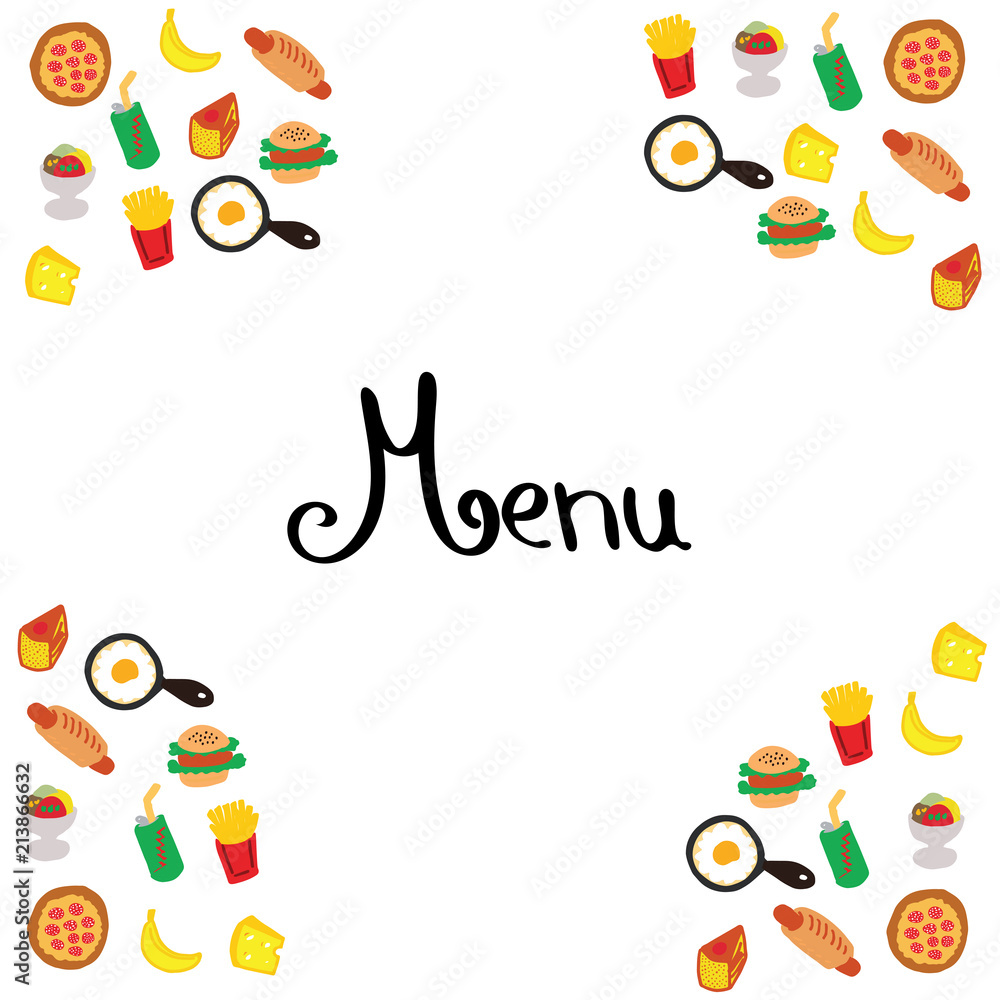 Hand illustration of food+menu coloured on white background. Banner,  poster, menu board, menu card. Stock Illustration | Adobe Stock