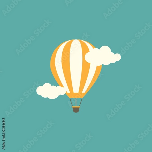 Orange hot air balloon flying in the turquoise sky with clouds. Flat cartoon design.
