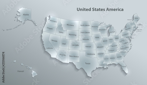 USA map with Alaska and Hawaii  map separate states individual names glass card 3D vector