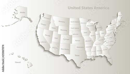USA map with Alaska and Hawaii map separate states individual names card paper 3D natural vector