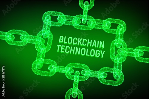 Block chain. Crypto currency. Blockchain concept. 3D wireframe chain with digital blocks. Editable cryptocurrency template. Stock vector illustration.