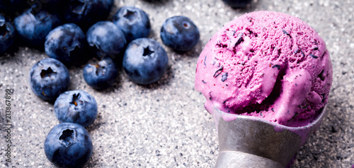 Ice cream from blueberries. Summer sweet Dessert.Single Banner. selective focus.