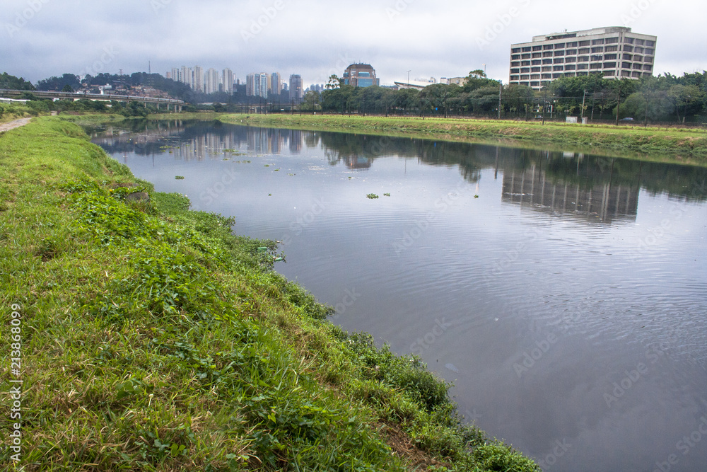 Sao Paulo, Brazil, June 01, 2008. Pollution of Pinheiros river by sewage and trash of city in a rain day