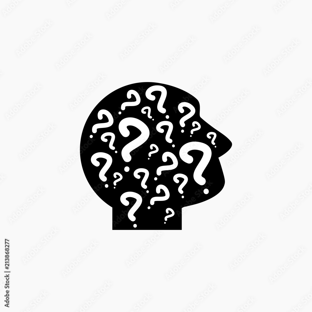 Silhouette of man's head with question marks. Thinking pictogram. What icon. Isolated on white. Vector Silhouette of man's head with question marks. Thinking pictogram. What icon. Isolated on white. Vector