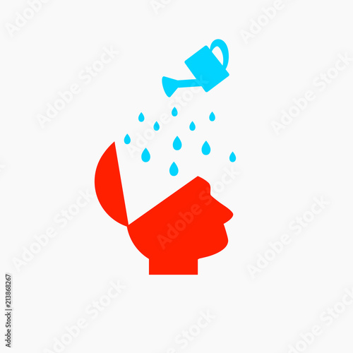 Silhouette of open red head and blue watering can with water drops.