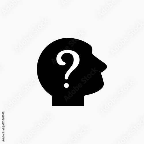 black silhouette of man's head with white question mark. User avatar pictogram. Unknown person icon.