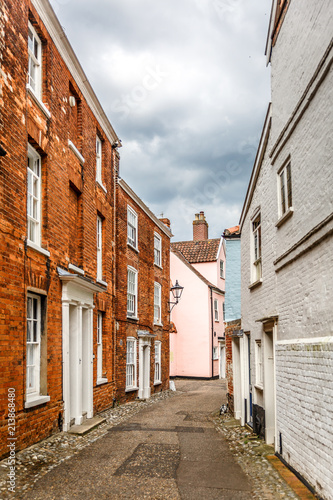 Vertical view of a narrow street typical of a small English town  Norwich