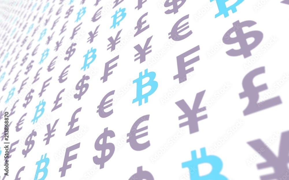 Bitcoin and currency on a white background. Digital Cryptocurrency symbol. Business concept. Market Display. 3D illustration Bitcoin and currency on a white background. Digital Cryptocurrency symbol. Business concept. Market Display. 3D illustration