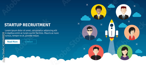 Rocket flying and people recruitment in startup business. Hiring and recruitment concept, job interview, recruitment startup. Flat design web banner in vector illustration.