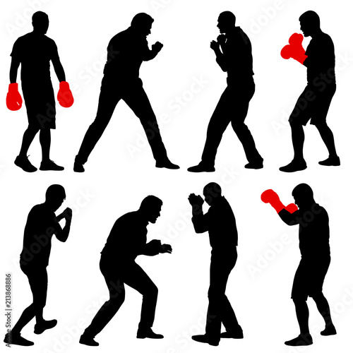 Black set silhouette of an athlete boxer on a white background