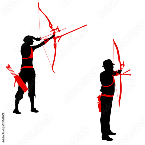 Set silhouette attractive female and male archer bending a bow and aiming in the target