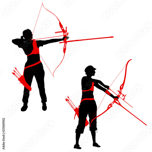 Set silhouette attractive female archer bending a bow and aiming in the target