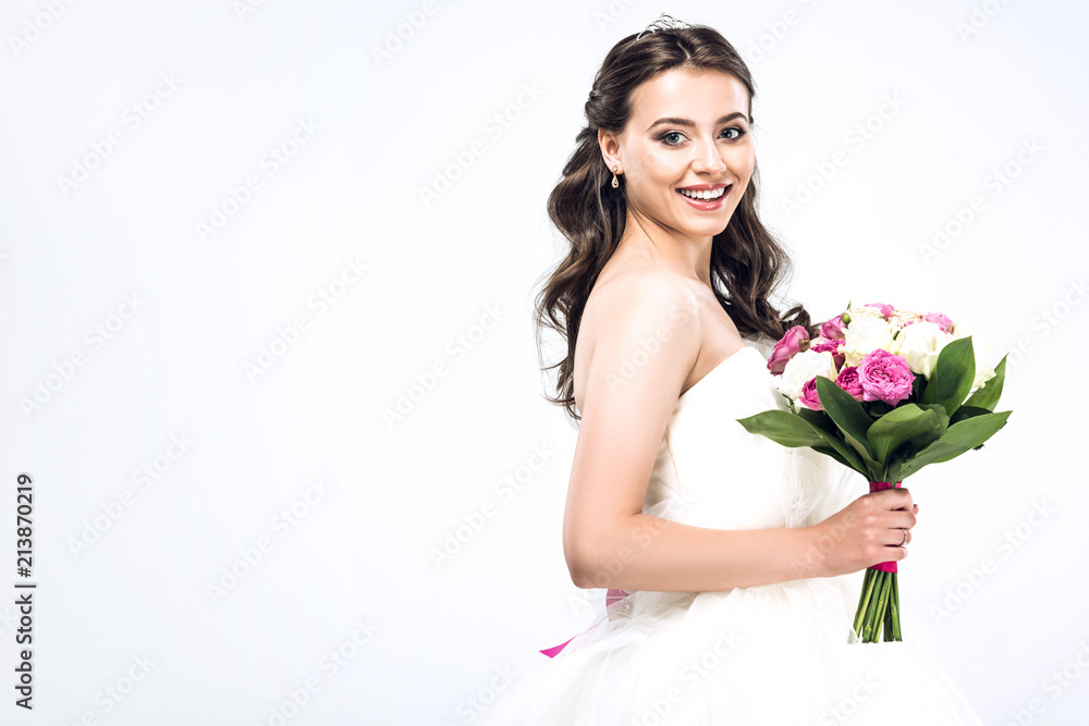 beautiful young bride in wedding dress with bouquet isolated on white beautiful young bride in wedding dress with bouquet isolated on white