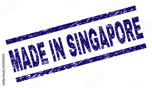 MADE IN SINGAPORE stamp seal watermark with grunge style. Blue vector rubber print of MADE IN SINGAPORE tag with grunge texture. Text tag is placed between parallel lines.