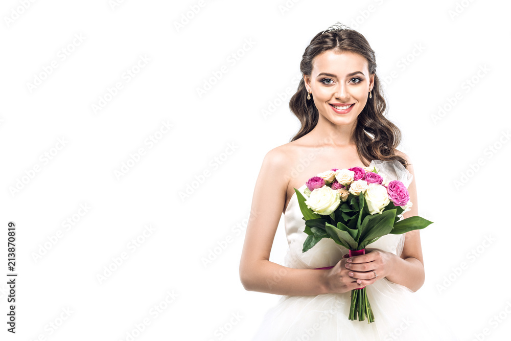 close-up portrait of young bride in wedding dress with earrings and tiara holding bouquet isolated on white close-up portrait of young bride in wedding dress with earrings and tiara holding bouquet isolated on white