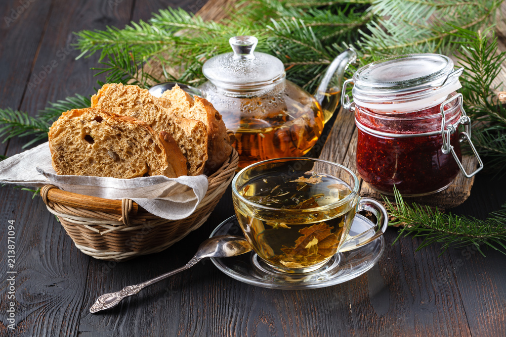 Winter healing orange drink with sea buckthorn, rosemary, spice, fir branches Winter healing orange drink with sea buckthorn, rosemary, spice, fir branches