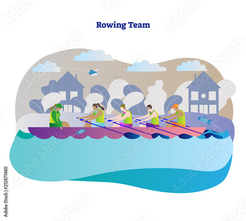 Rowing team vector illustration. Kayak, canoe or boat woman team with leader and captain. Outdoor activity with teamwork water sport athlete in river, sea or lake.