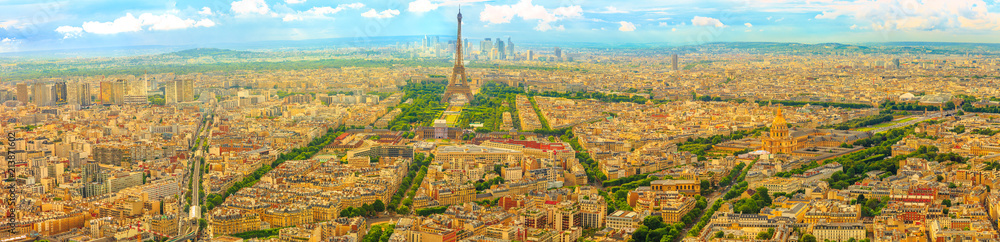 Parisian panorama aerial view of Paris skyline with the Tour Eiffel tower and national residence of the Invalids palace. Top of the Tour Montparnasse tower of Paris city, in France.