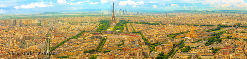 Parisian panorama aerial view of Paris skyline with the Tour Eiffel tower and national residence of the Invalids palace. Top of the Tour Montparnasse tower of Paris city, in France.