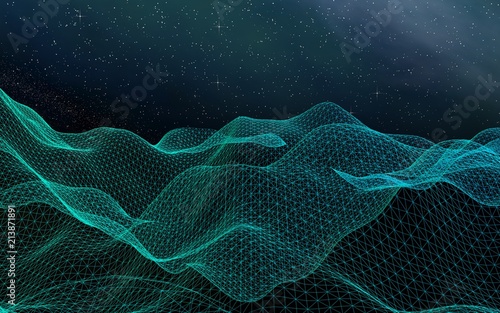 Abstract landscape on a dark background. Cyberspace grid. Hi-tech network. Outer space. Starry outer space texture. 3D illustration © Plastic man