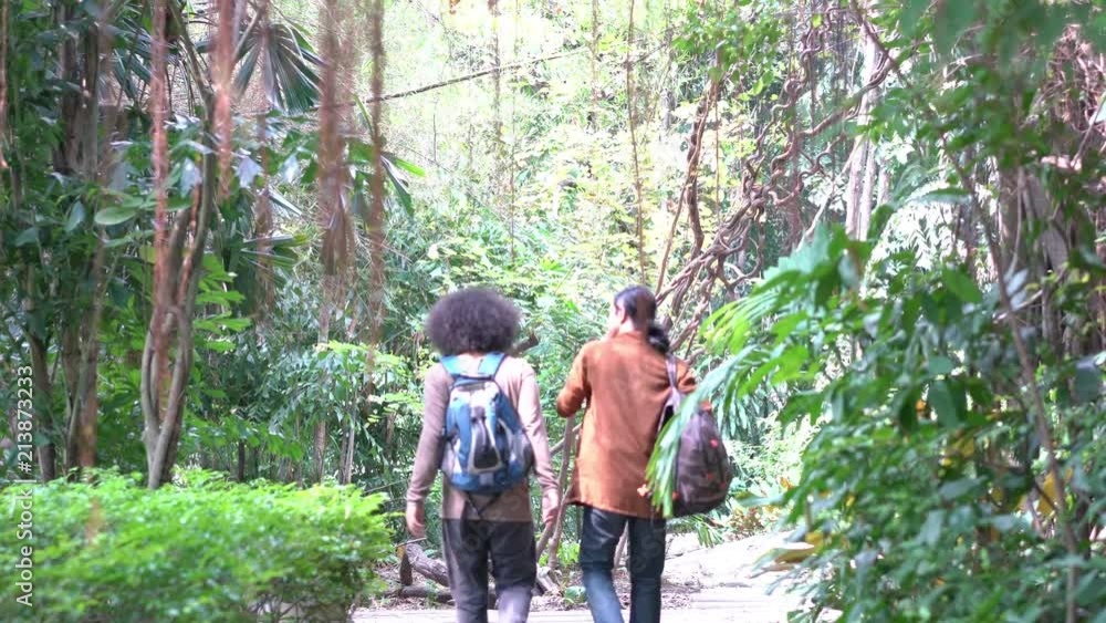 Two hipster man has backpack and walking forest. Two hipster man has backpack and walking forest.
