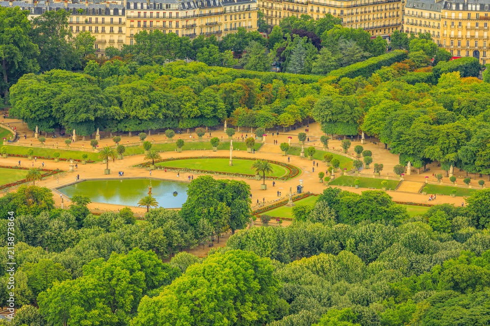Closeup of Le Jardin du Luxembourg gardens from panoramic terrace of Tour Montparnasse. Aerial view of Paris urban public park, and french style gardens of residence palace of the Senate President.