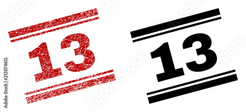 13 stamp seal print with red distress and clean black version. Red vector rubber print of 13 title with corroded style. Labels are placed between double parallel lines.