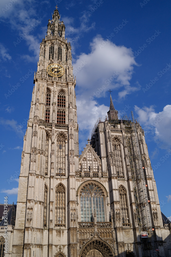 Cathedral of our lady in Antwerp, Belgium under clear blue sky in Sunny good weather day in spring