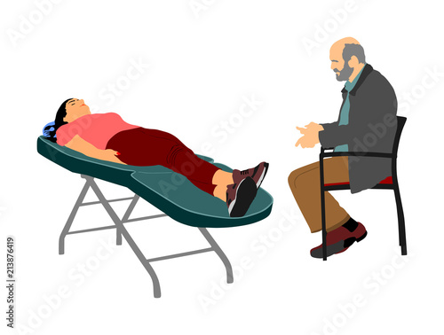 Psychotherapy session in therapist office with patient on sofa talking about his feelings vector illustration. Psychologist Consulting and Listening to a patient mental emotional problem. Health care.