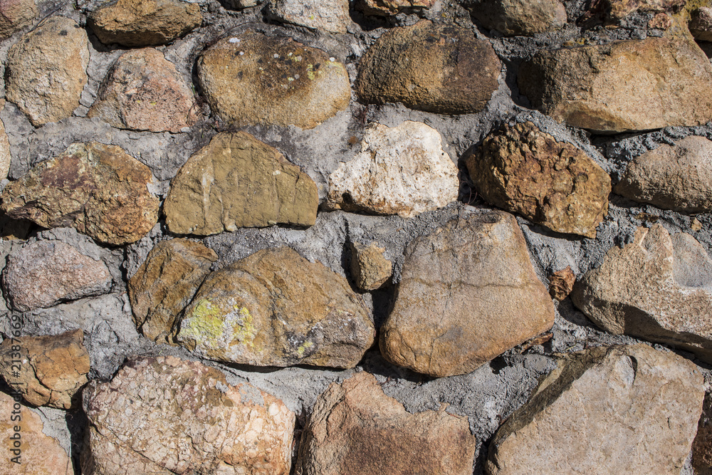 Closeup of a Rock Wall Made with Stones in Multiple Shades of Brown and Grey