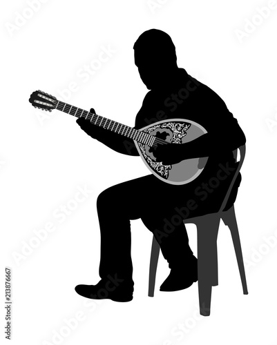 Bouzouki player vector silhouette illustration. Street performer. Greek traditional string instrument. Folklore performer on the street. Greece folk event. Baglama, zurna, turkish performer.