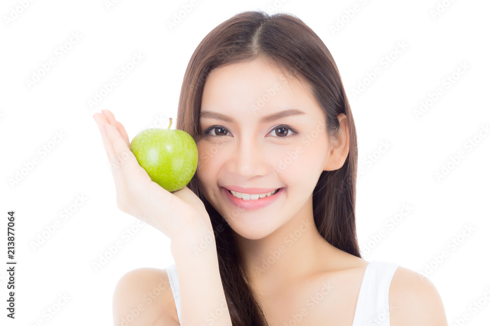 Beautiful of portrait young asian woman smile and holding green apple fruit, girl with wellness and healthy isolated on white background. Beautiful of portrait young asian woman smile and holding green apple fruit, girl with wellness and healthy isolated on white background.