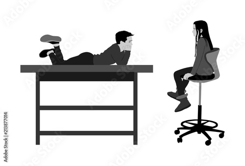 First love concept. Young boy and girl in classroom. Kids togetherness and attraction. Teenagers talk about tenderness and closeness. Young shy couple  in school before class. Romance in puberty.