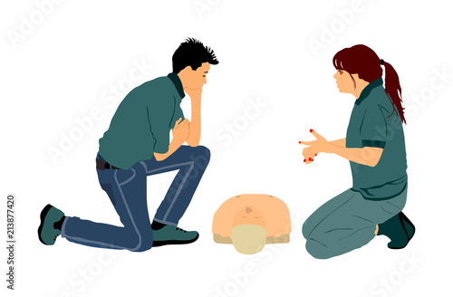 First aid demonstration vector illustration. Doctor give advice trainee about rescue technique. Training patient doll. Paramedic CPR training. Medical exercise how to help patient. Urgency assistance.