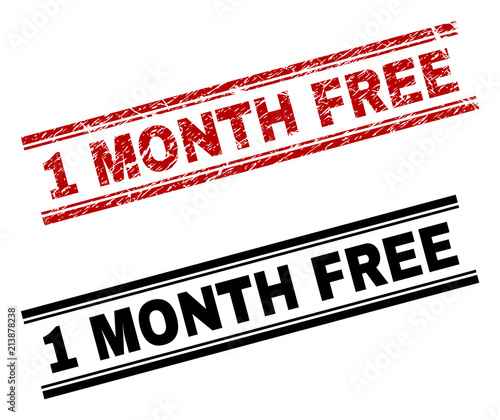 1 MONTH FREE stamp seal print with red grunge and clean black version. Red vector rubber print of 1 MONTH FREE title with retro texture. Tags are placed between double parallel lines.